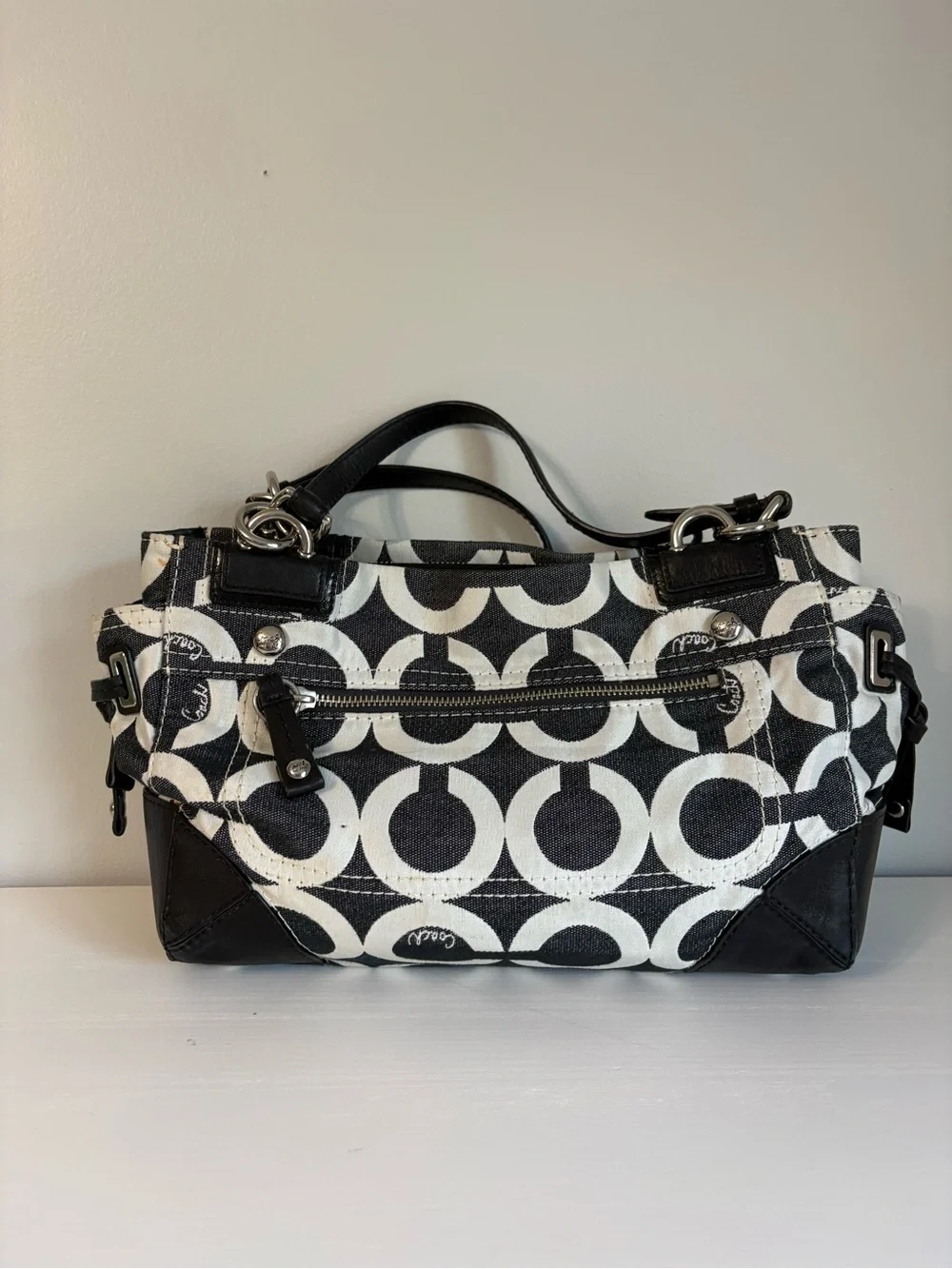 Coach Peyton Black White Op Art Signature Carryall Satchel Tote Bag 14515 Y2K